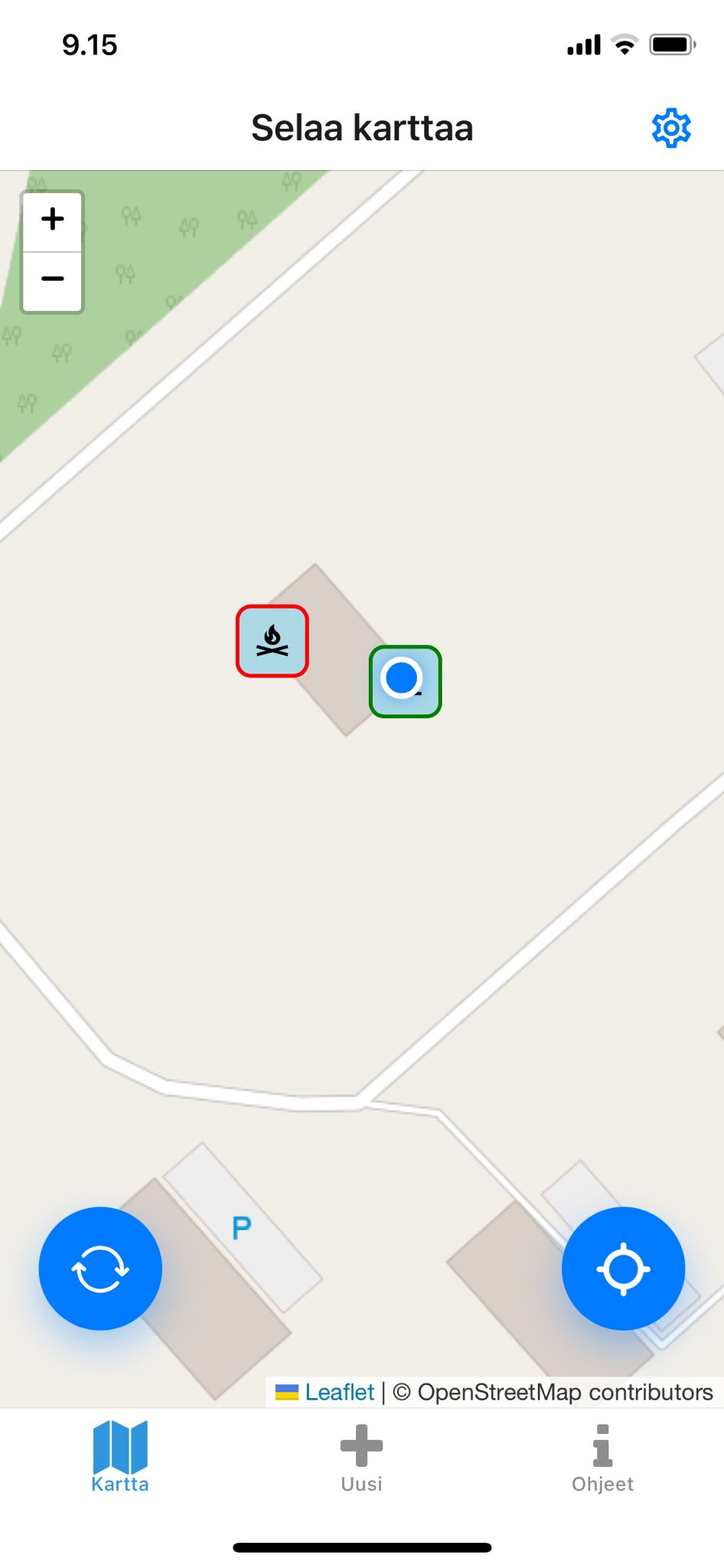 RetkiRapsa karttanäkymä näyttää lähellä olevat retkikohteet kartalla